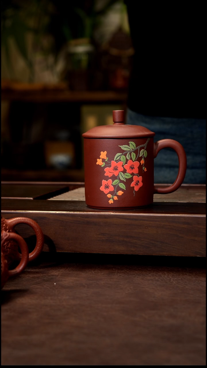 茶壶紫砂红清水泥绘小红花盖杯