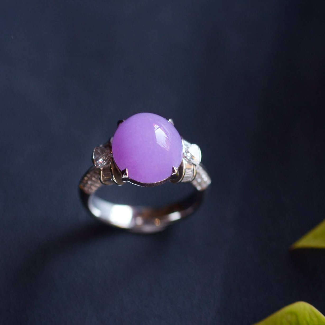 缅甸翡翠A货G18K妖紫蛋面翡翠戒指