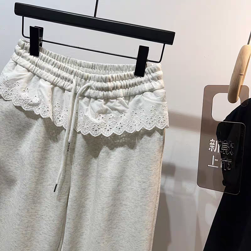 四季青设计感小众宽松花边拼接休闲裤女遮胯显瘦通勤百搭抽绳卫裤
