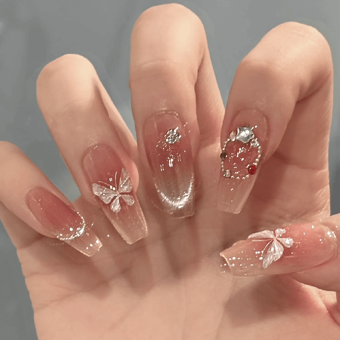 【 冰晶蝴蝶 】夏日美少女法式猫眼手工穿戴甲