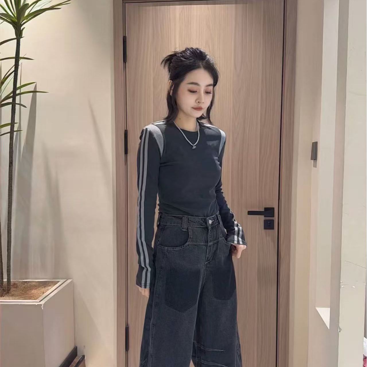 欧货2025新款韩版时尚百搭圆领长袖拼接条纹T恤女修身打底衫1337