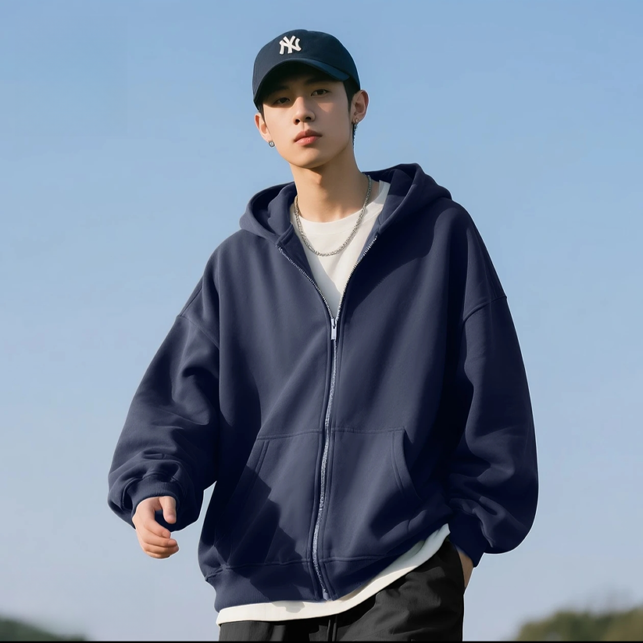 男士女士纯色水洗棉连帽宽松长袖潮流带帽日系复古卫衣开衫NY002