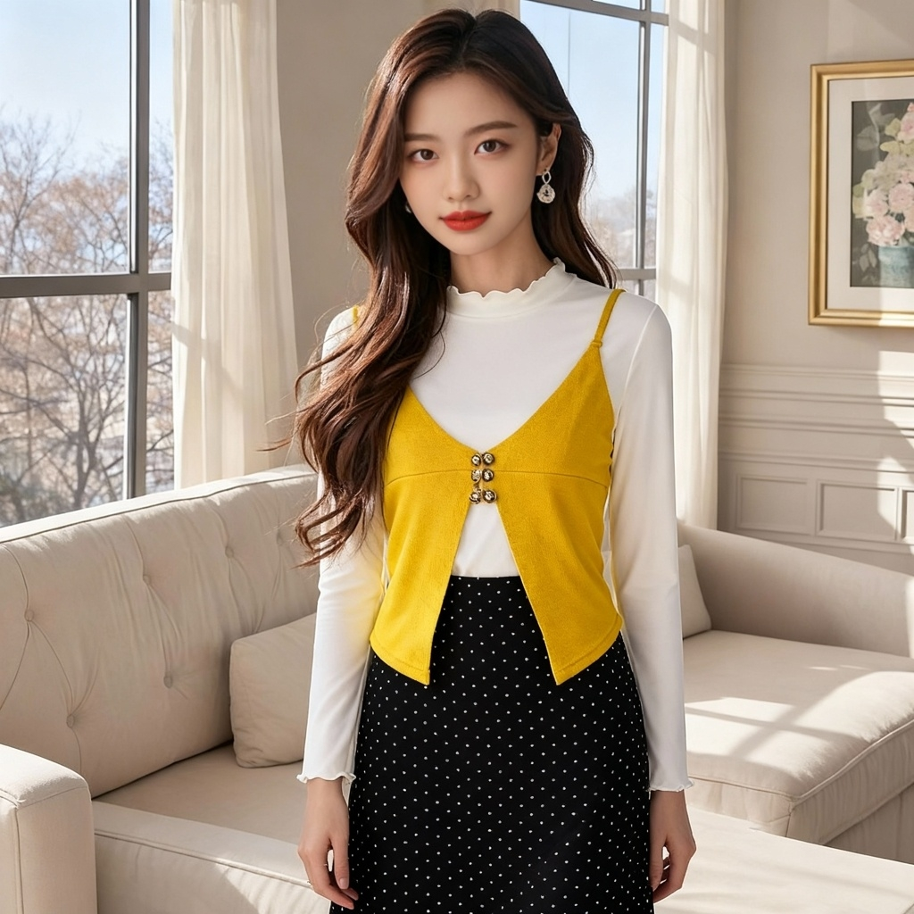 韩版修身型通勤风法式爱心吊带裙时尚显瘦长袖打底百搭