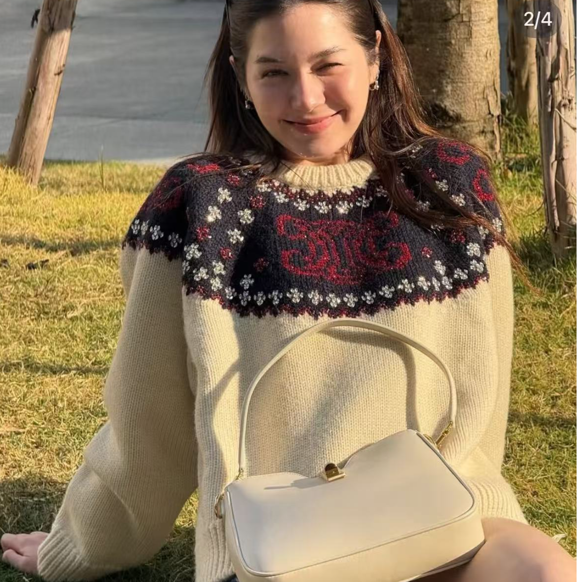 未使用 Celine/思琳 Celine 提花花纹针织圆领长袖毛衣  米色S