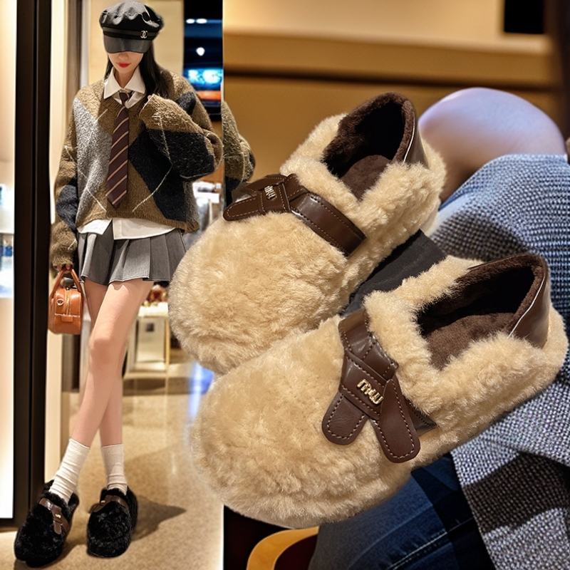 爆款仿羊羔毛毛鞋女2025冬季新款加绒保暖豆豆鞋厚底一脚蹬棉鞋