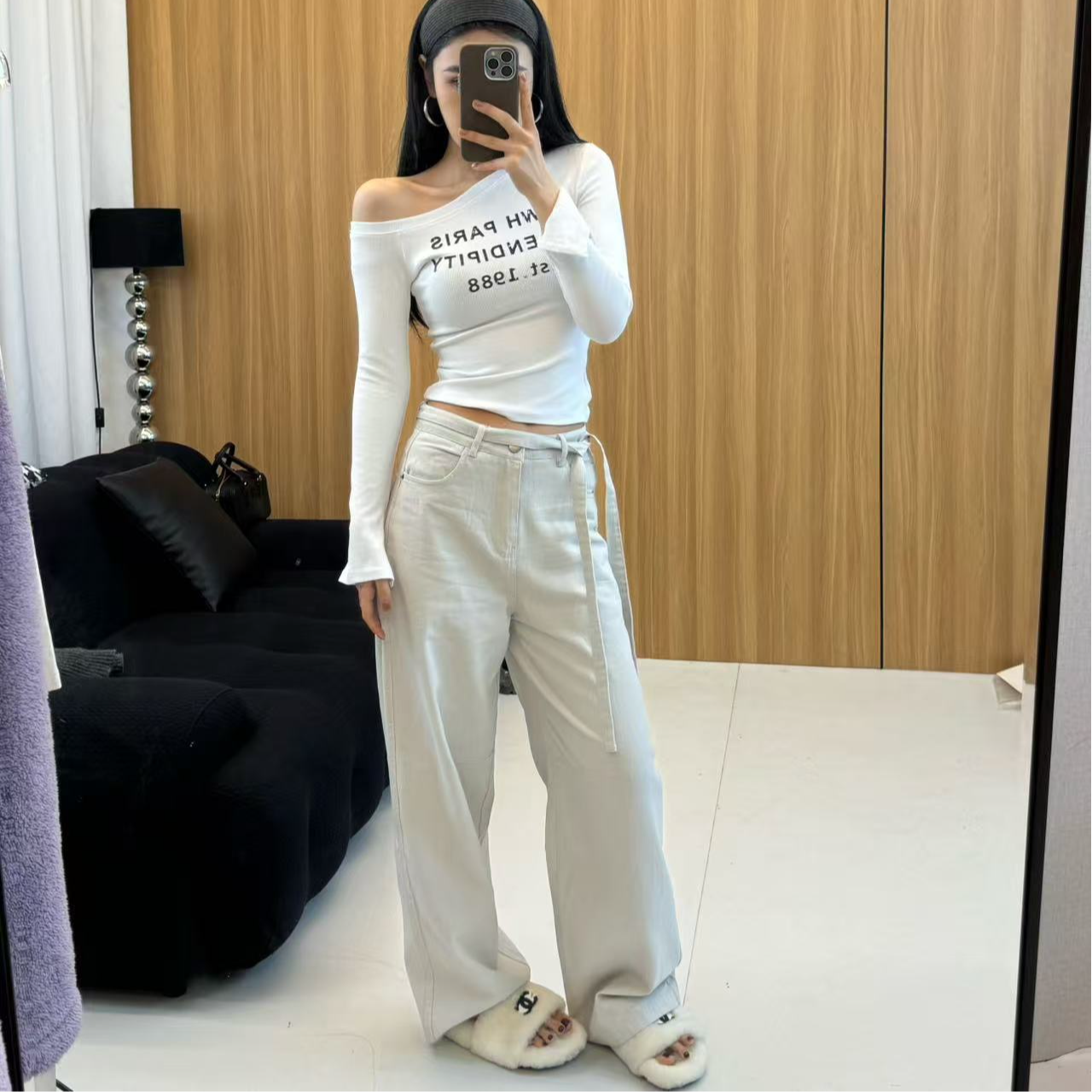 LILI【象牙灰牛仔】2025春款设计腰带阔腿牛仔裤