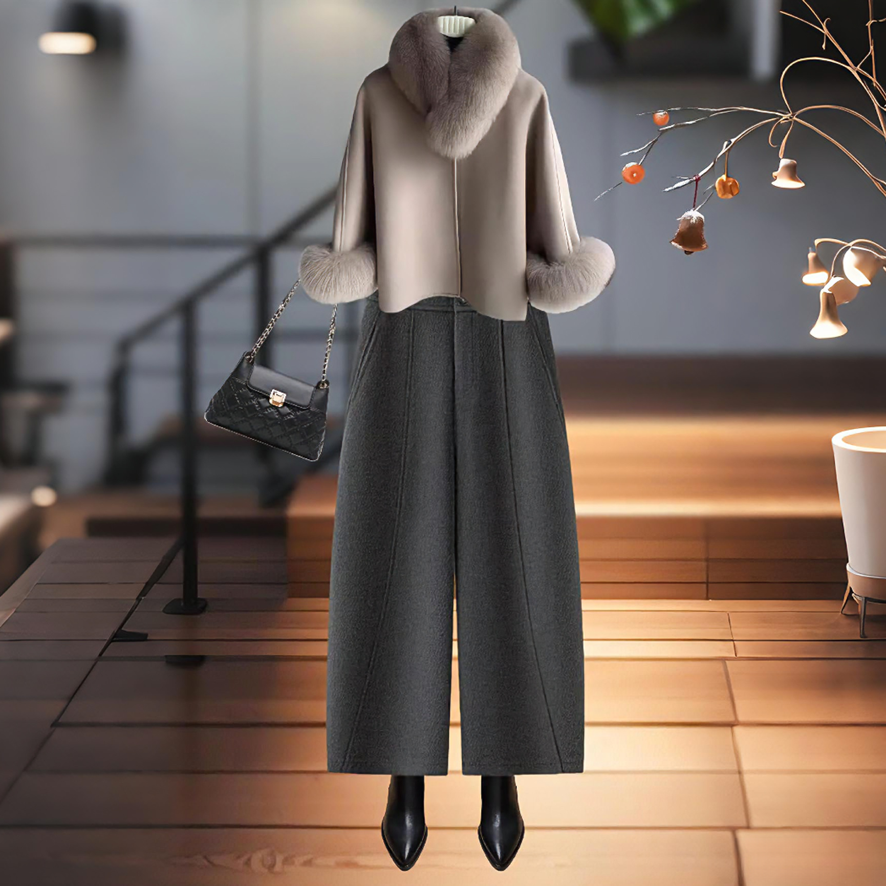 灰色毛呢阔腿弯刀裤女2025秋冬新款宽松爆款八分哈伦裤九分休闲裤