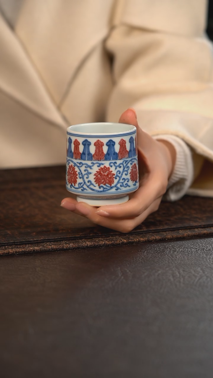 【闪购商品】杯贵红窑青花釉里红芭蕉叶威士忌杯