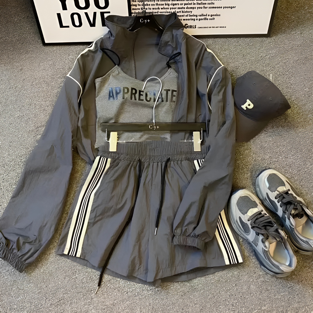 美式时尚百搭运动防晒上衣+运动风春夏运动短裤两件套休闲套装