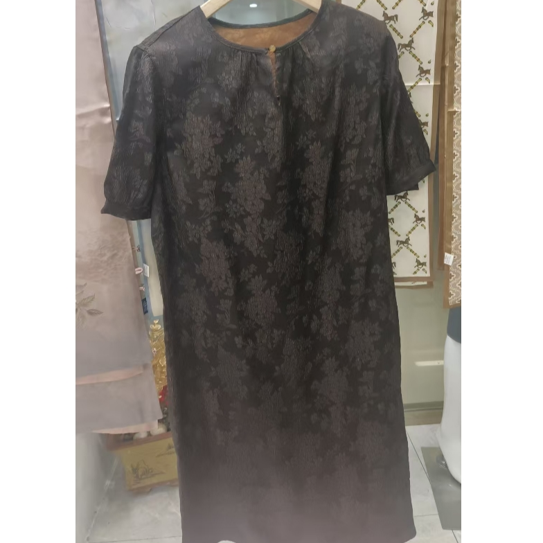 真丝香云纱夏季气质连衣裙提花印花中长款黑色