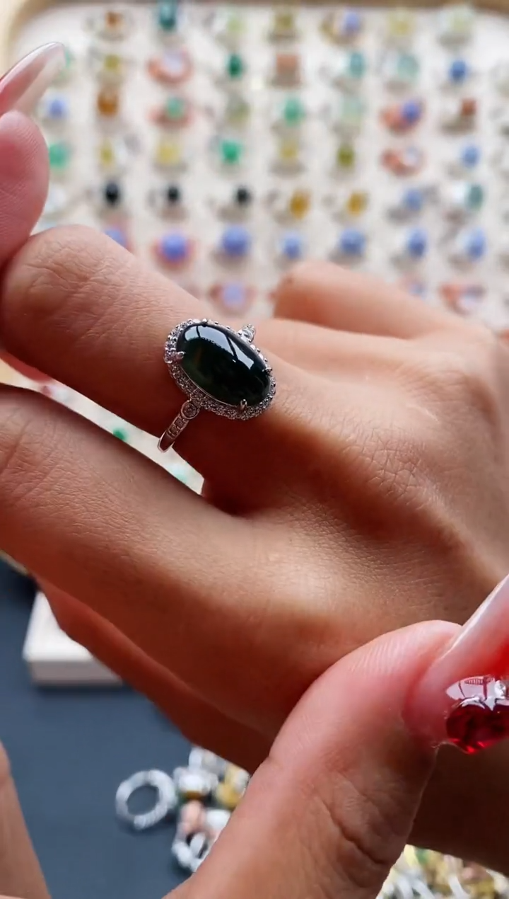 【闪购商品】翡翠戒指银S925镶嵌缅甸天然A货翡翠111 3+4