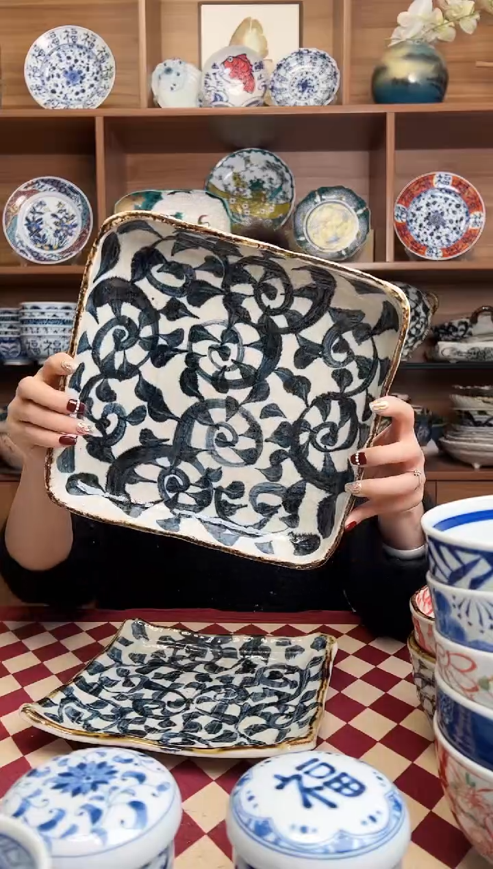 【闪购商品】瓷片章鱼唐草  四方果物盘     