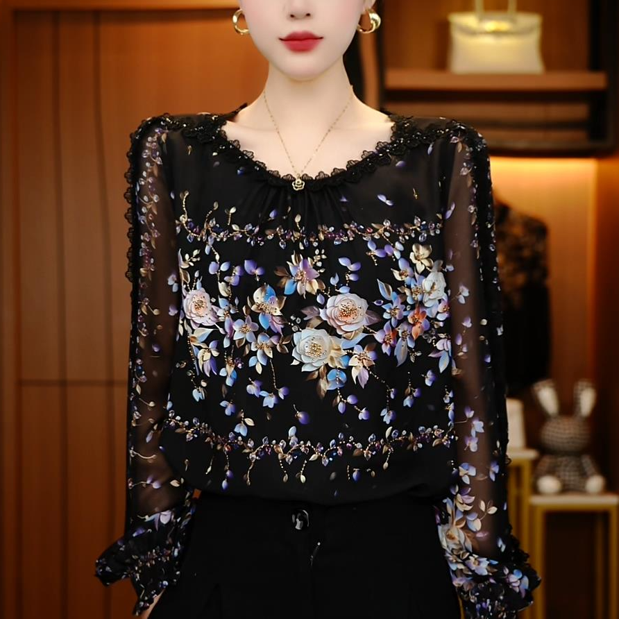 初凰F250152新款琉璃双皱丝洋气时尚百搭显瘦休闲印花女士上衣
