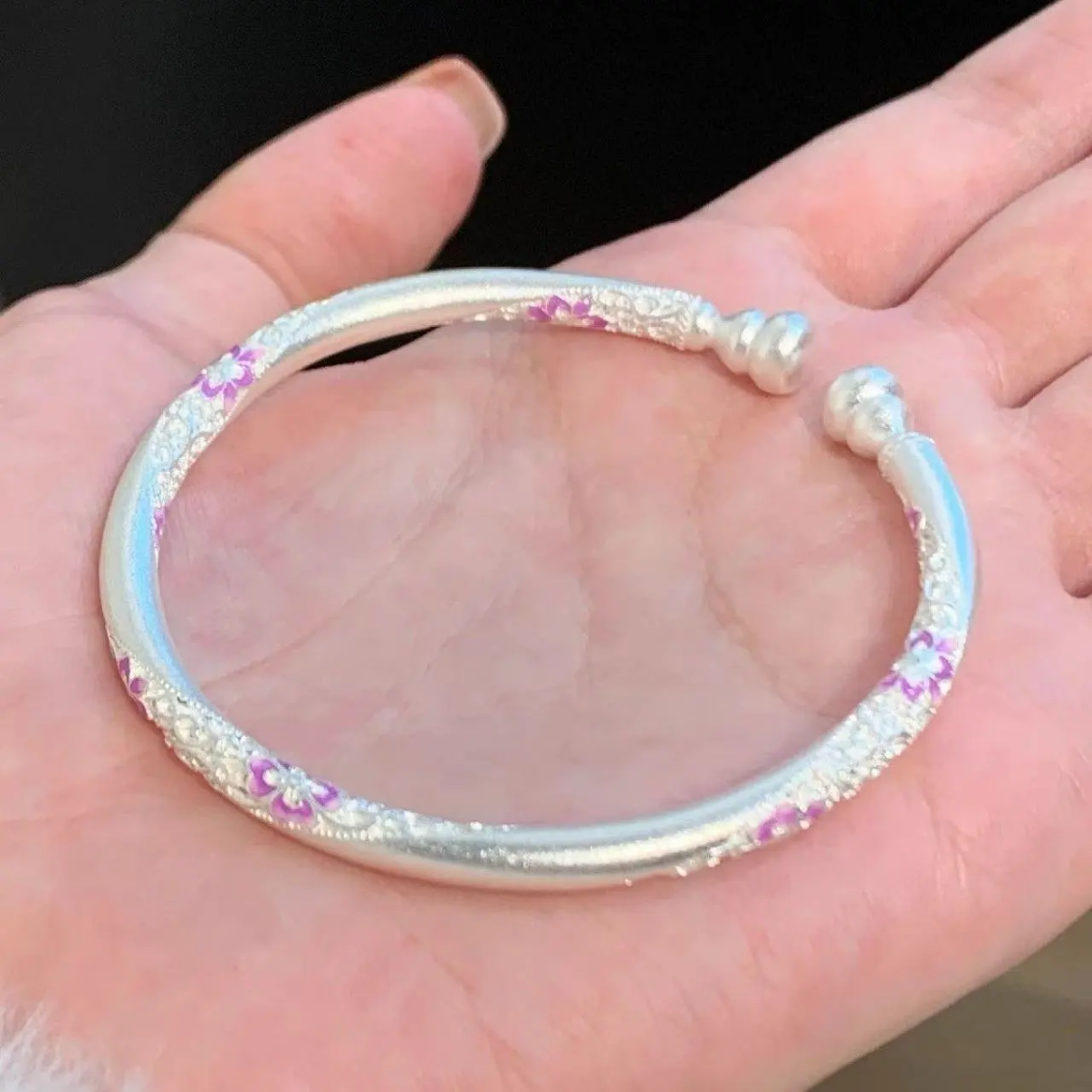 足银手镯 A122足银999.9【银葫芦粉桔梗】古法珐琅彩开口足银手镯