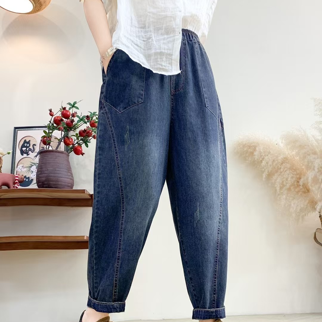 春夏新款宽松大码显瘦轻薄哈伦裤牛仔裤爆款休闲时尚女裤老爹裤
