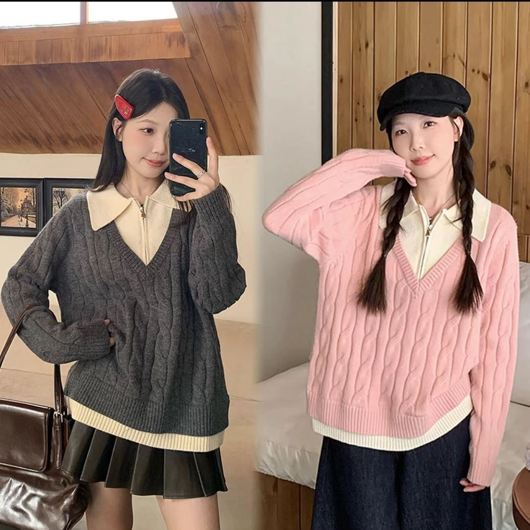女半开胸拉链毛针织衫内搭毛衣复古时尚宽松韩版9268#