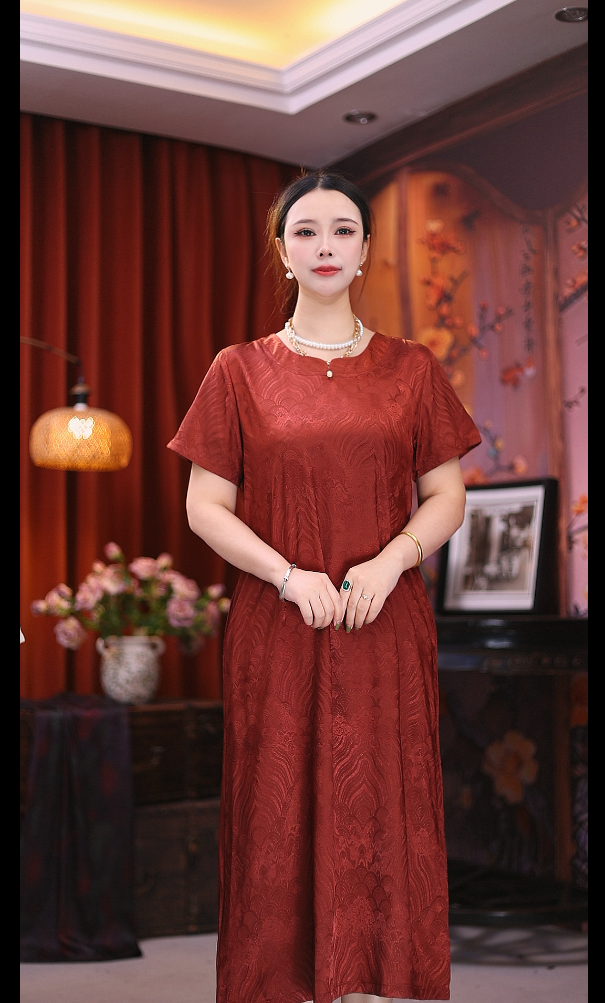 （铁锈红）套头款印花连衣裙妈妈装长款复古港风夏季蕾丝静奢风