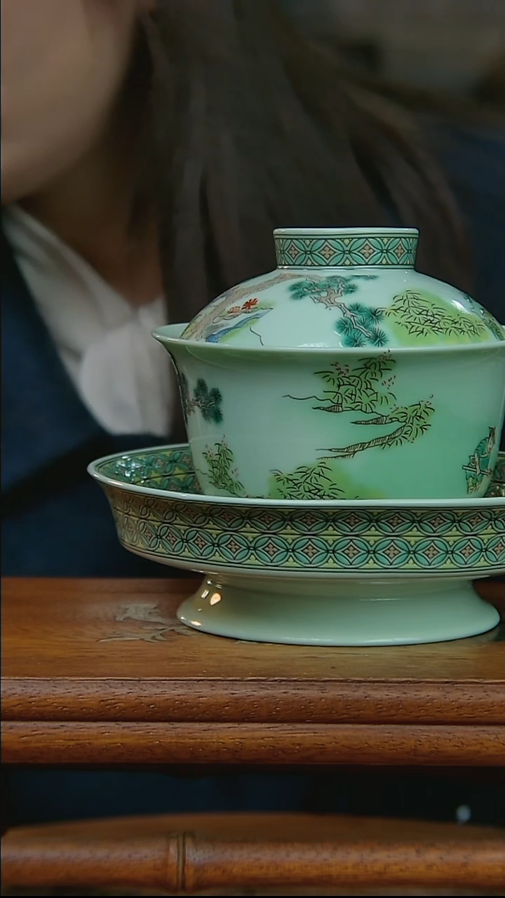 摆件陶绿稀土人物高足三才