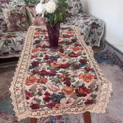 ZN102-75棉麻交织布【60*180】米白色百花齐放水溶边桌布茶几布