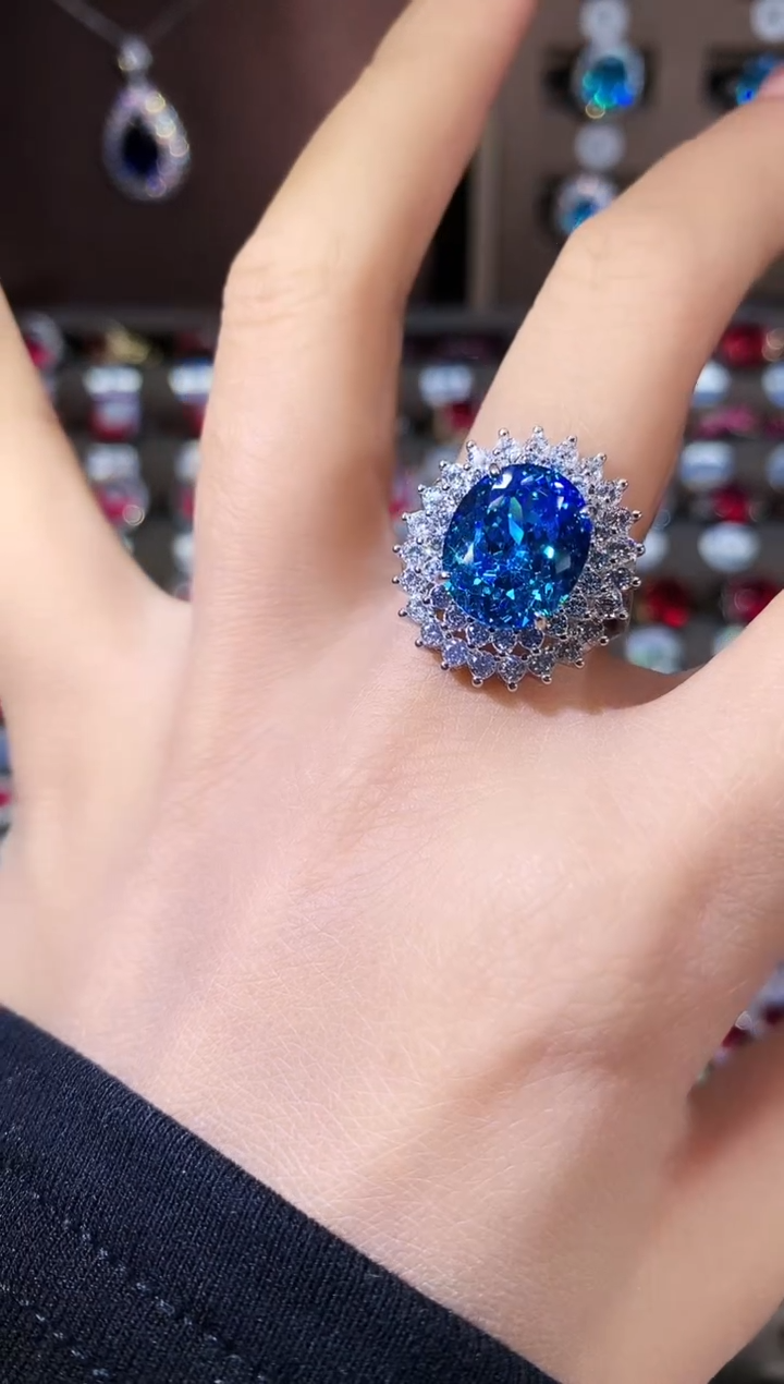 无925银海蓝色鸟巢切戒指