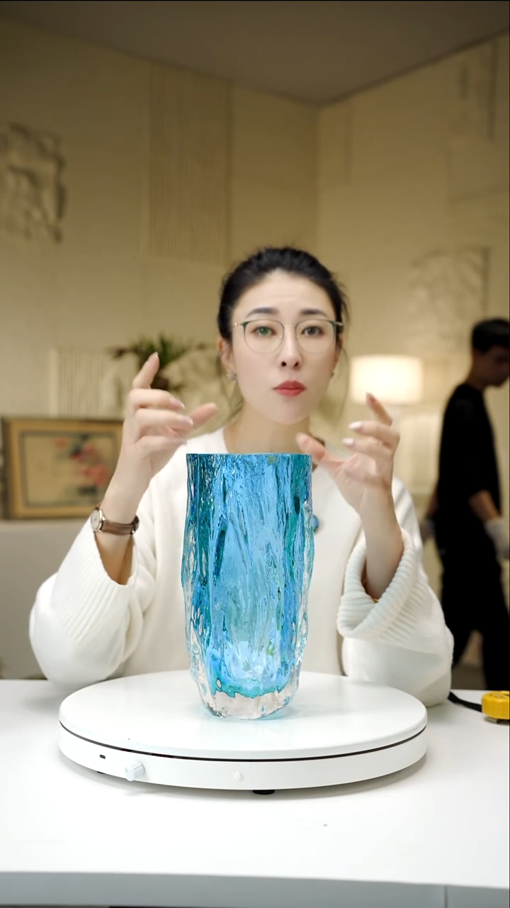 手工艺品琉璃宝石蓝树纹花瓶大号