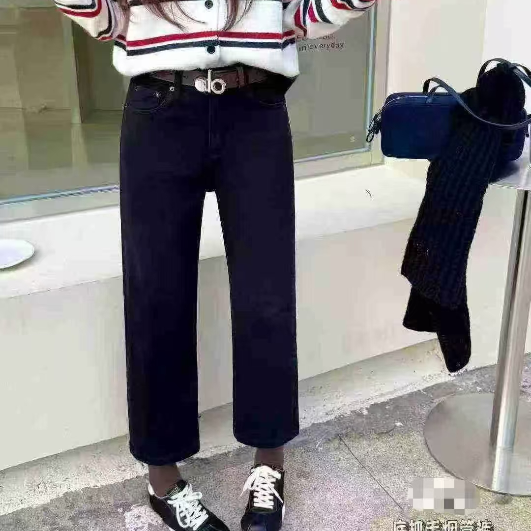 藏青【刺绣al家牛仔裤】韩系百搭秋冬植绒牛仔直筒裤苋19927(86937)