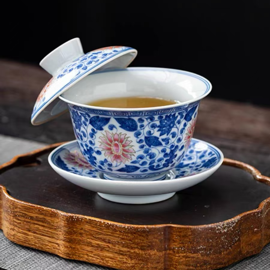 青花瓷三才盖碗泡茶碗陶瓷功夫茶具带盖家用大号茶碗商务茶杯0366