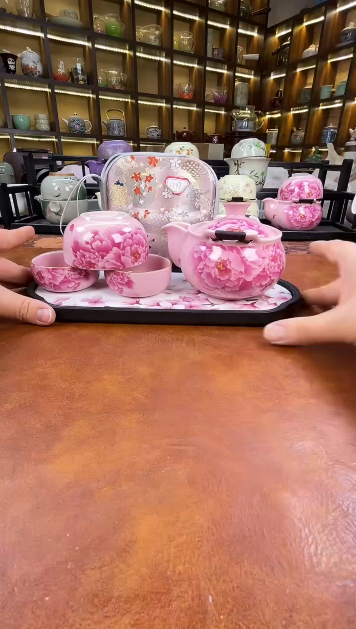 瓷片新款粉色牡丹宝瓶+长方粉色花朵盘