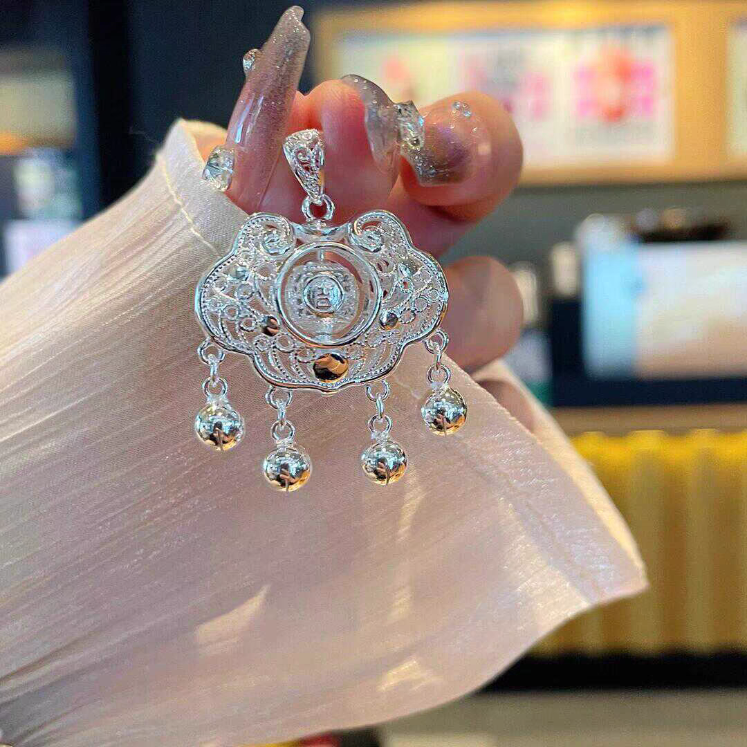 吊坠足银 足银999新中式镂空平安锁旋转吉祥如意锁转运吊坠百搭