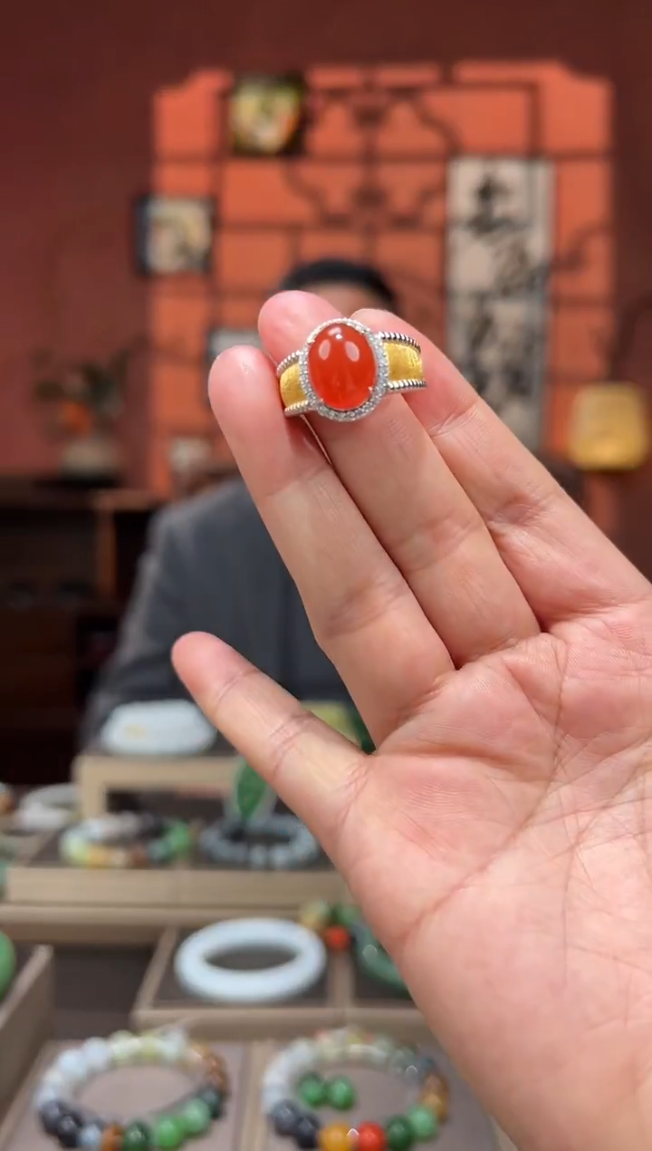 银S925镶嵌南红玛瑙戒指戒指