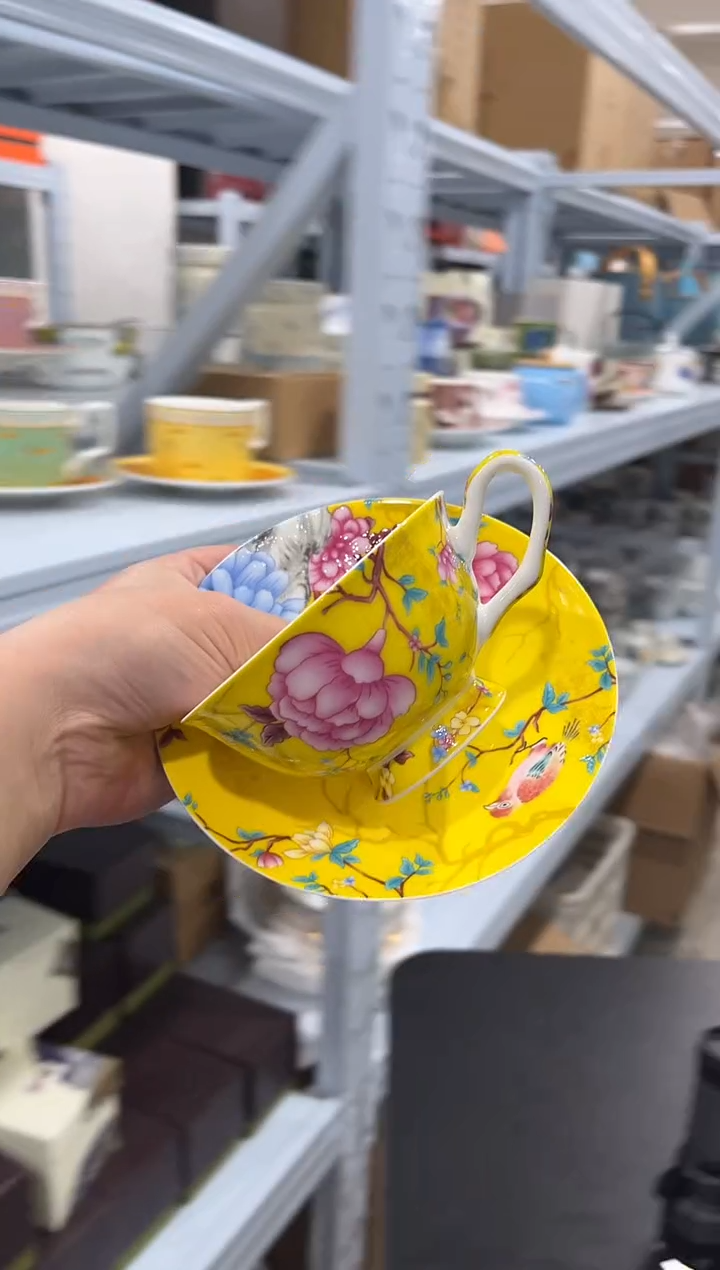 杯子骨瓷（简装）黄色咖啡杯碟一套+小勺