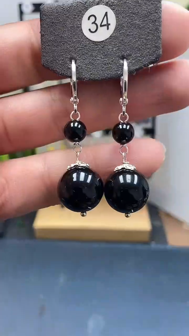 银S925镶嵌黑曜岩耳饰尺寸14mm耳扣连珠