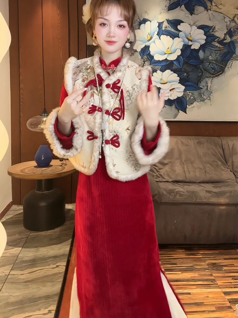 新中式女装温婉改良旗袍超仙马甲连衣裙国风复古套装汉元素两件套