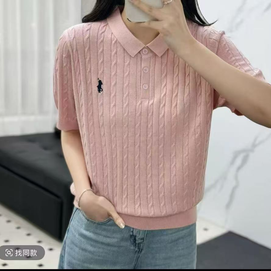 086.【粉  翻领短袖】高级气质针织女衫