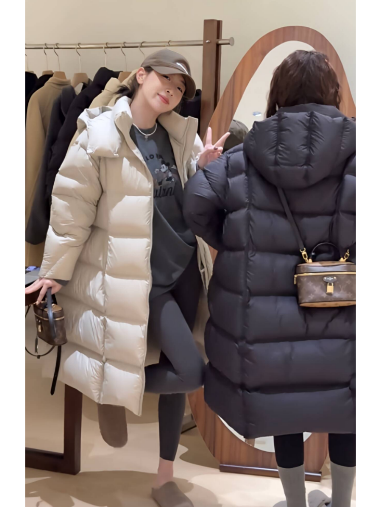 韩版中长款连帽羽绒服女2025冬季宽松显瘦加厚保暖白鸭绒羽绒外套