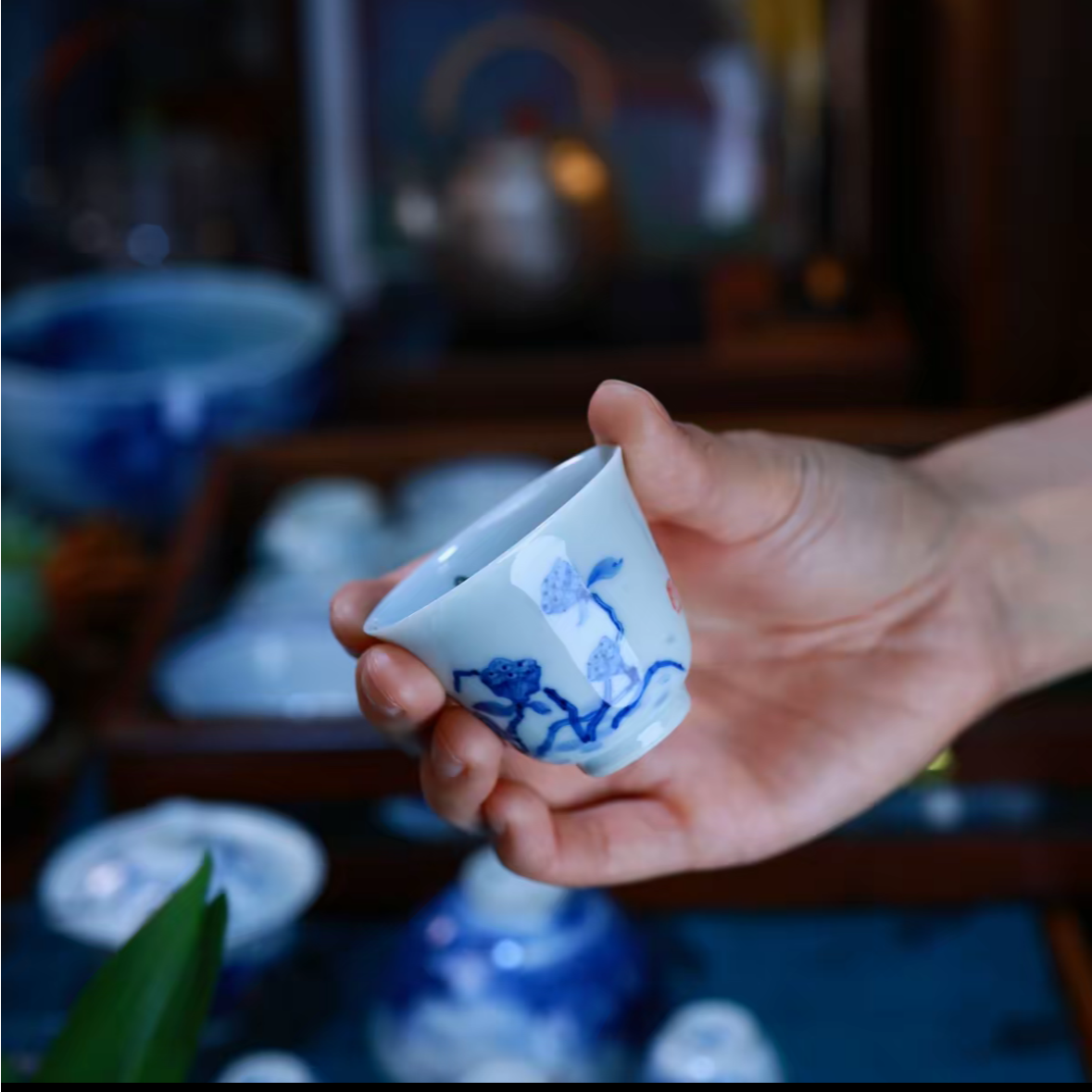张剑平老师，青花瓷茶杯茶具陶瓷家用，铃铛杯，莲蓬莲藕，约30-40CC