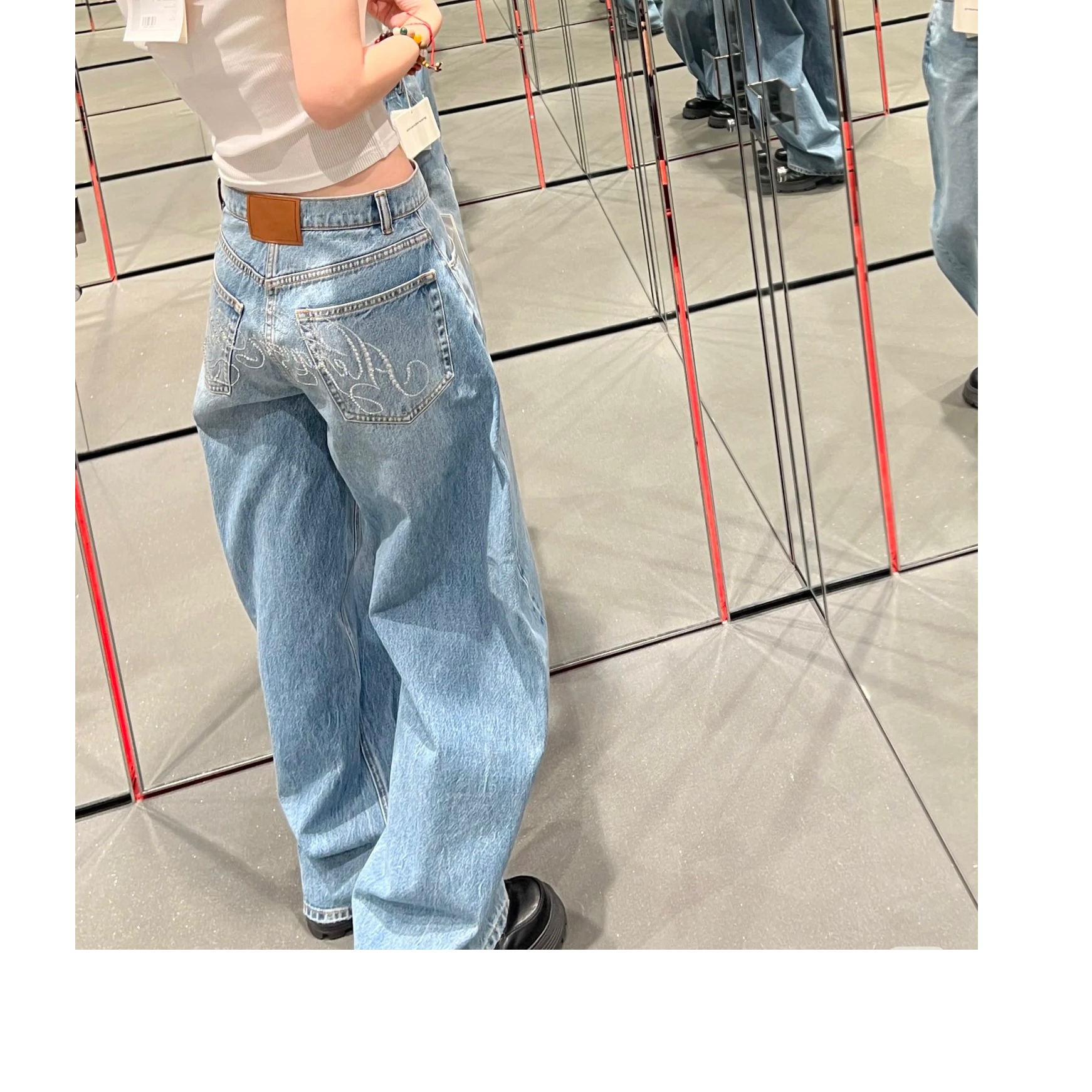  25ss 推荐~bling时髦重工进口高温烫钻字母宽松弯刀阔腿牛仔长裤
