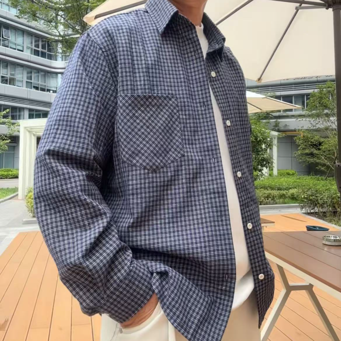 男日系复古秋季格子衬衫潮流港风衬衣宽松
