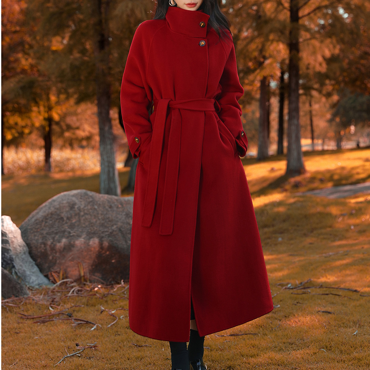 D300--399秋冬款中长款外套大衣风衣冬季加厚洋气毛呢红色