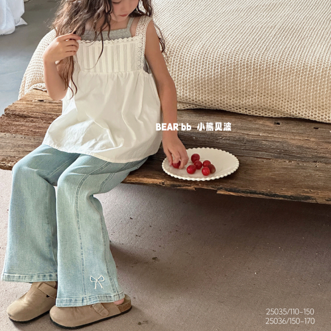 韩国童装女童2025春季浅蓝色蝴蝶结刺绣喇叭裤牛仔裤子微喇裤洋气
