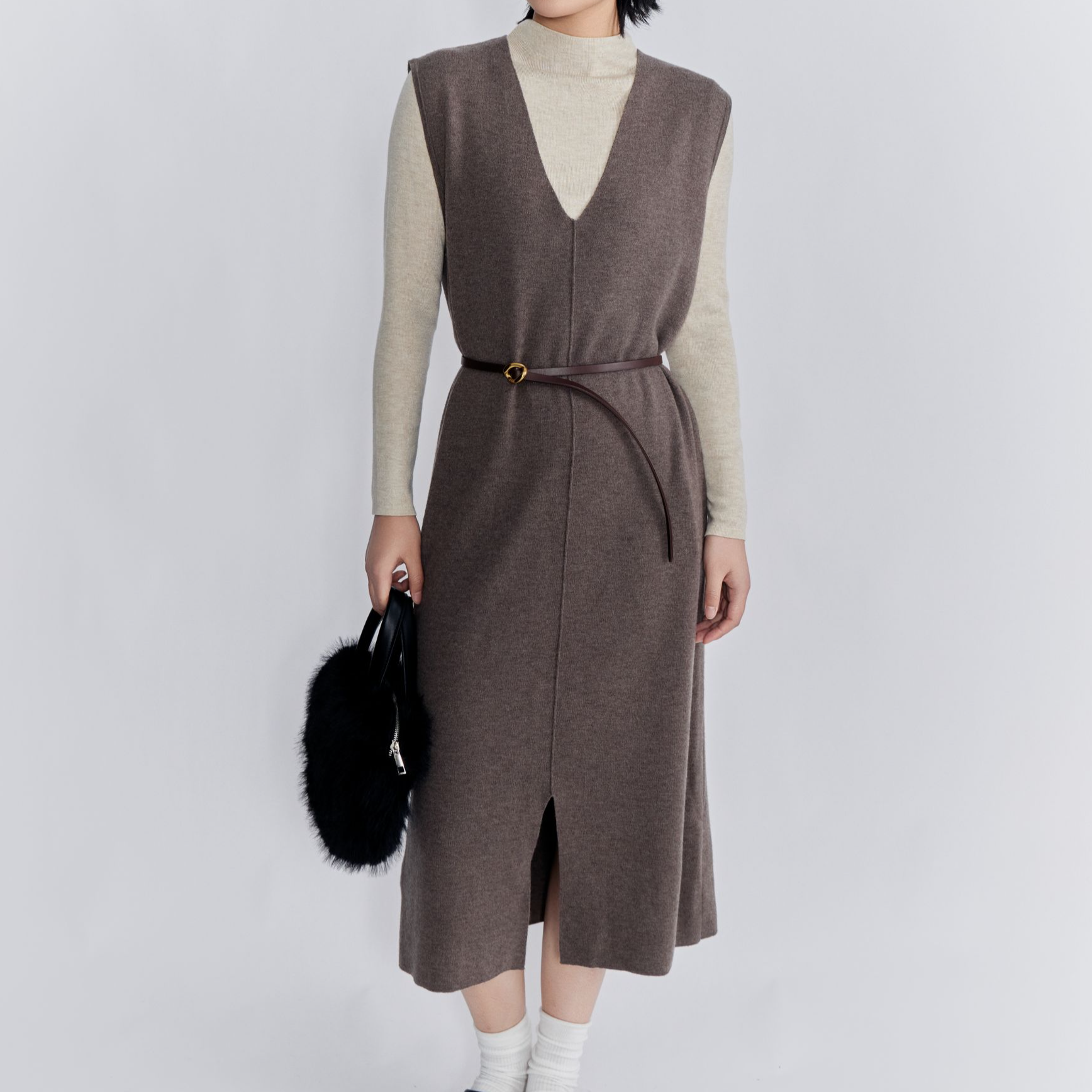 小雨同款【098】100%美丽诺羊毛V领背心裙无袖连衣裙打底裙