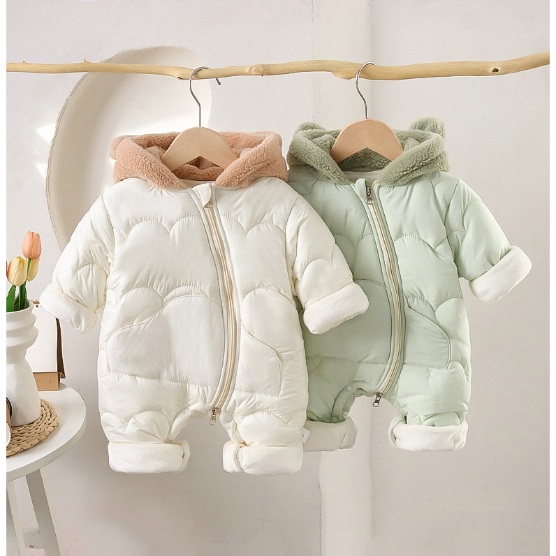 婴幼儿可爱男女宝宝休闲百搭款式外出服装绒帽绗波浪厚棉哈衣