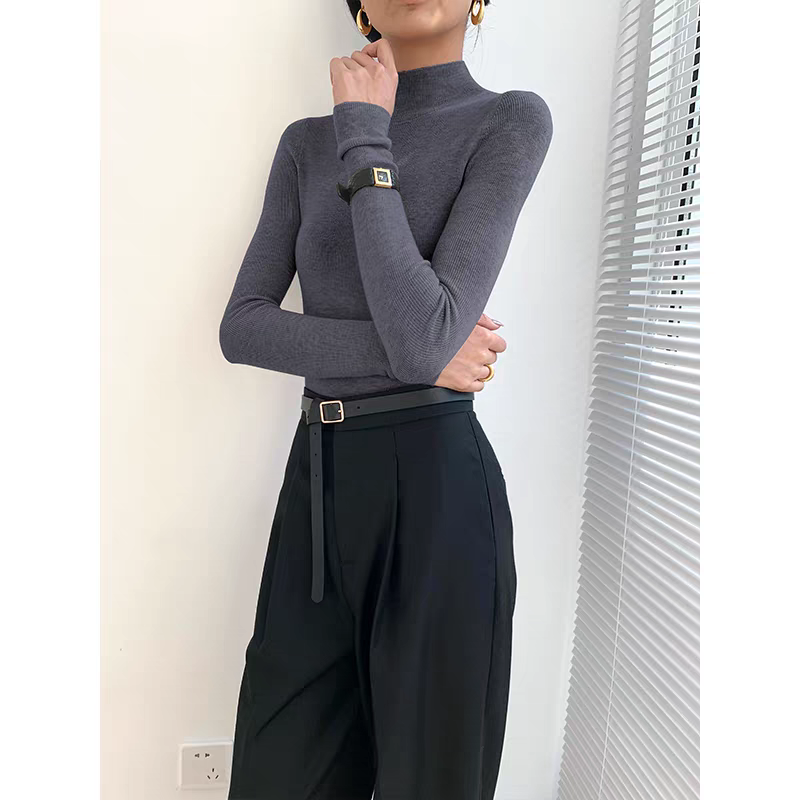 精纺半高领针织打底衫女薄款