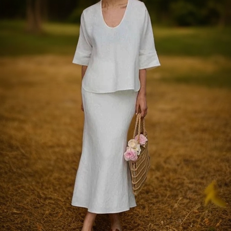 ONE - 重磅亚麻两穿U领上衣+鱼尾半裙