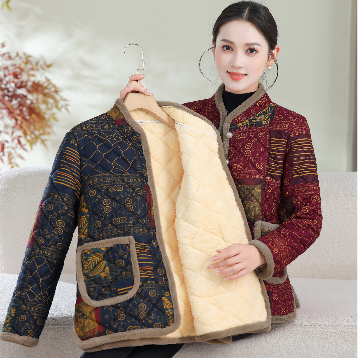 中老年女装秋冬外套妈妈棉服外套立领短款常规碎花印花