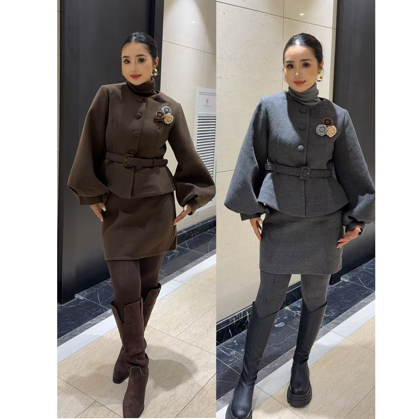 新款时尚圆领外套搭配包臀裙两件套2672