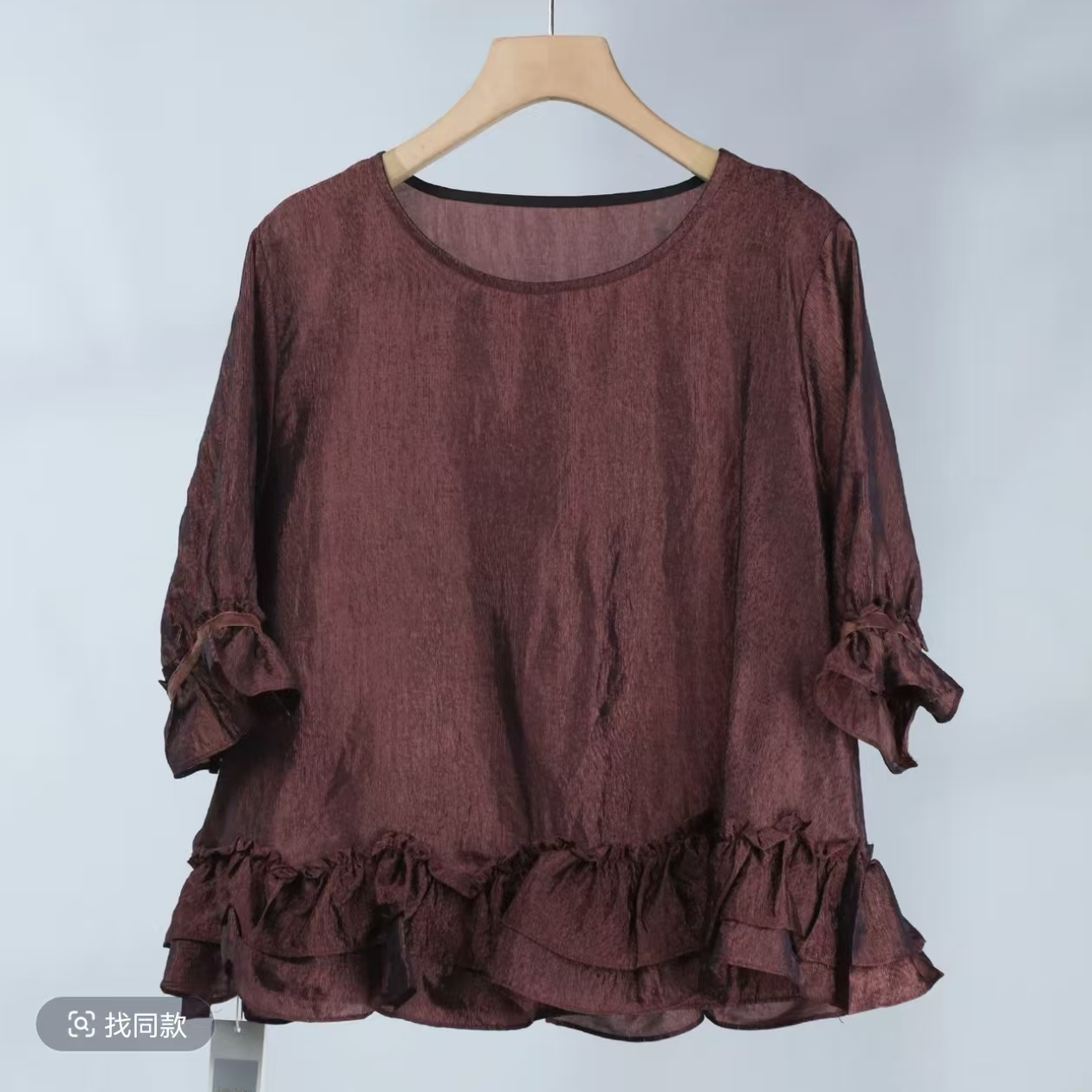 1054荷叶上衣夏季新款时尚中年妈妈圆领中袖气质百搭荷叶套头衫