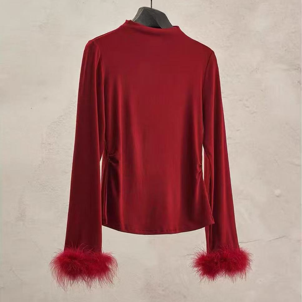 【晨浠定制】新款时尚毛毛袖打底上衣2705