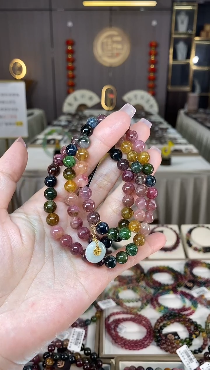 未镶嵌老矿碧玺彩虹冰体三圈手串7mm+碧玺多样性发一条hon