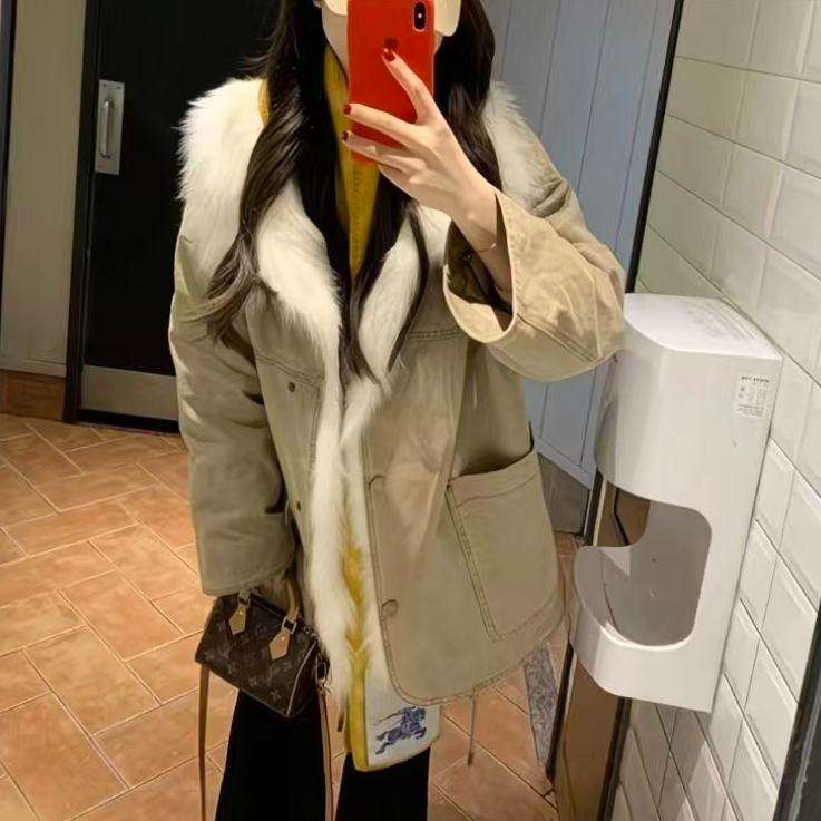 女冬季2025年新款加厚百搭夹棉美式复古毛领服毛毛外套工装派克服